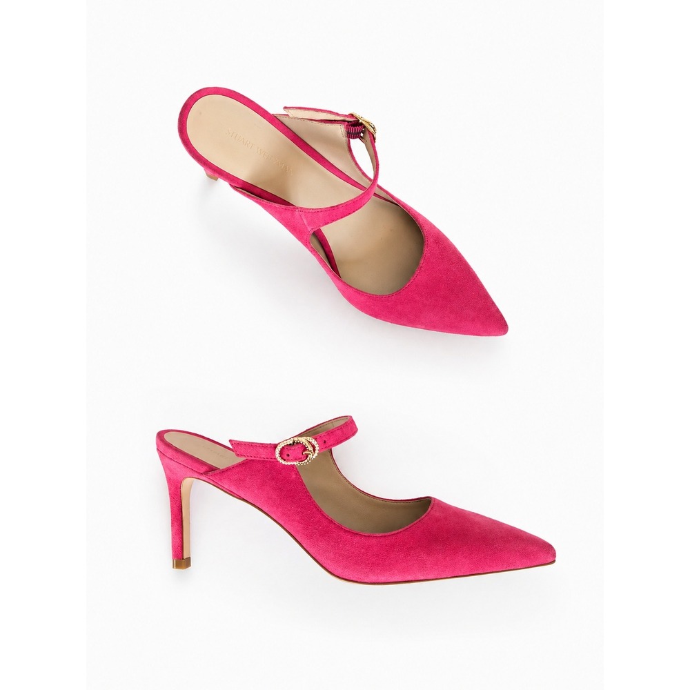 Stuart Weitzman Dazzle 75 Mule Pink Suede Crystal Buckle Mary Jane Heels‎ 6.5